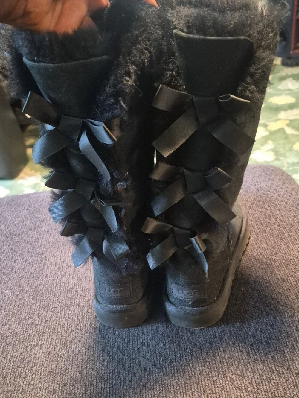 UGG Black Suede Mid-Calf Shearling Boots with Back Bow Detail